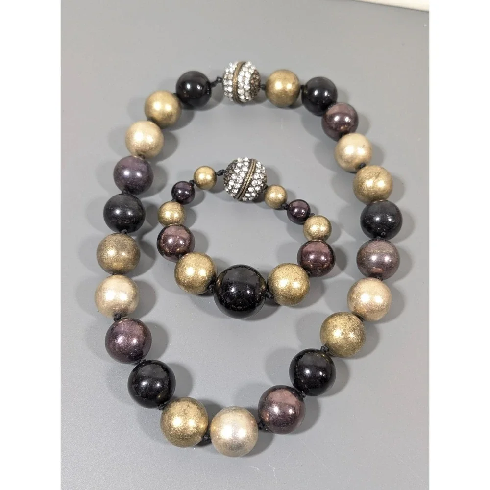 Bronze Tone Black Bead Chunky Magnetic Clasp Rhinestone Necklace Bracelet Set